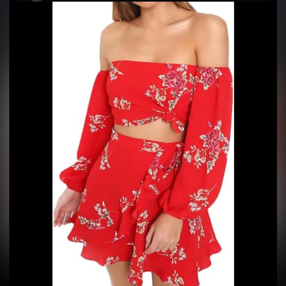 Floral Off-Shoulder Red Two-Piece Set